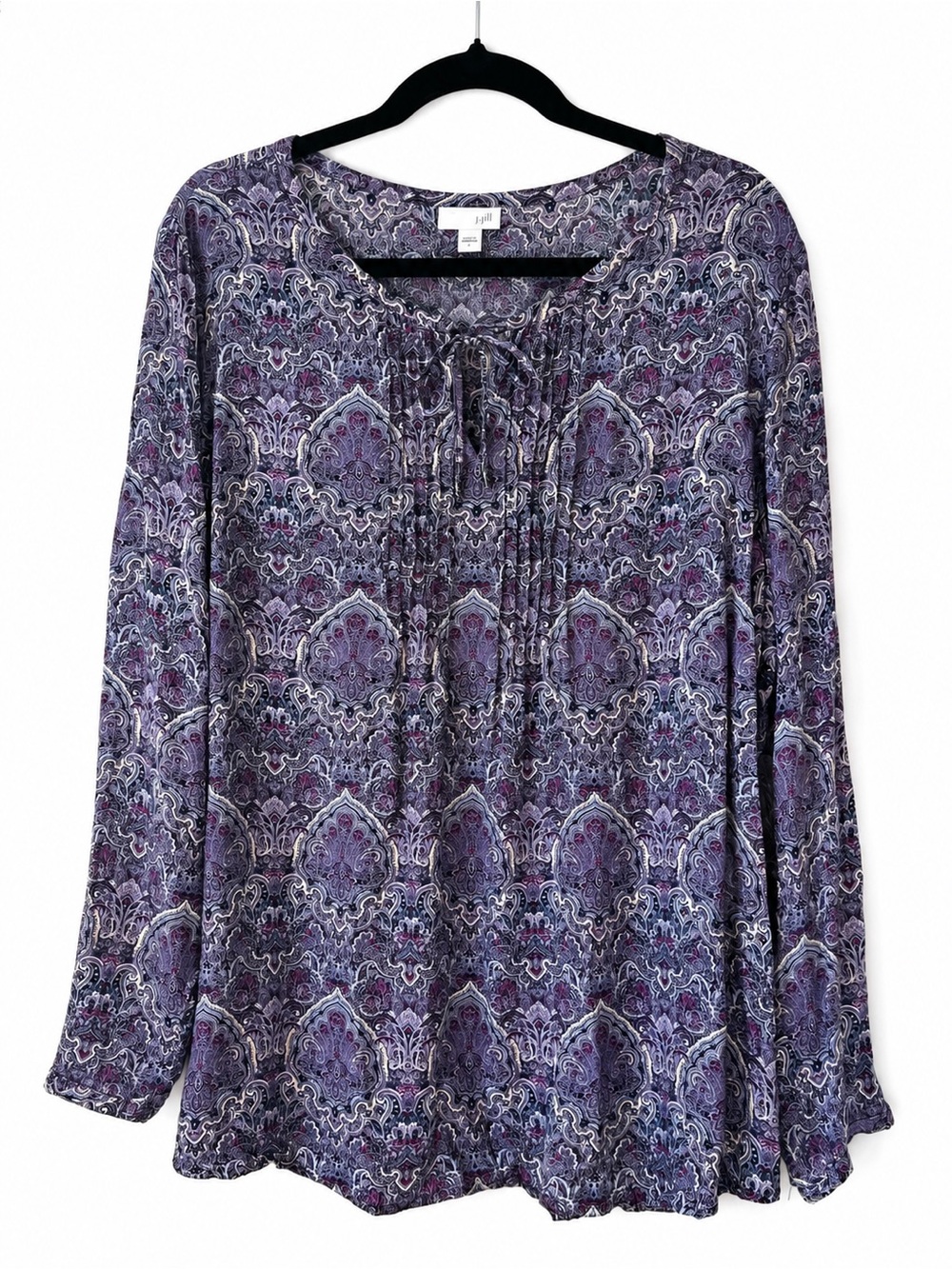 J. Jill Purple Paisley Pintuck Boho Peasant Blouse L Rayon Long Sleeve